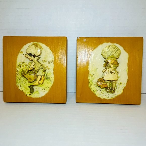 2 Vintage Handmade 3D Doll Cut Outs Layered on Wooden Plaques 1975 - Picture 1 of 9